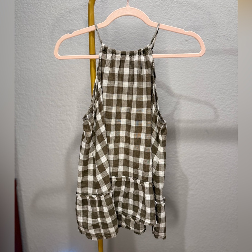Anthropologie Cloth & Stone Gingham Halter Tank XS Green Ruffle Hem
